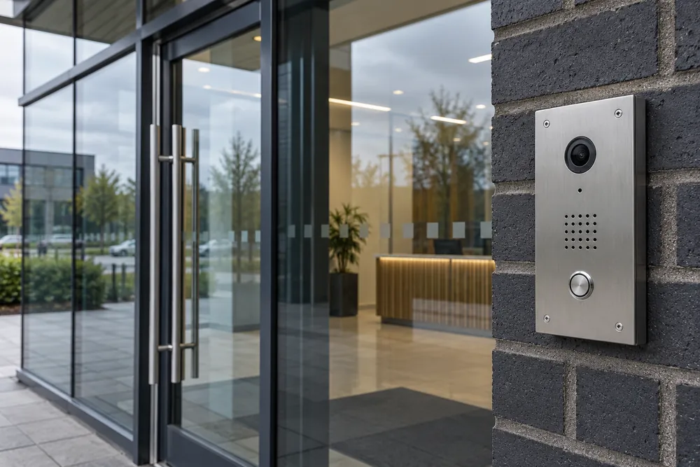 Video door entry intercom beside a commercial reception entrance
