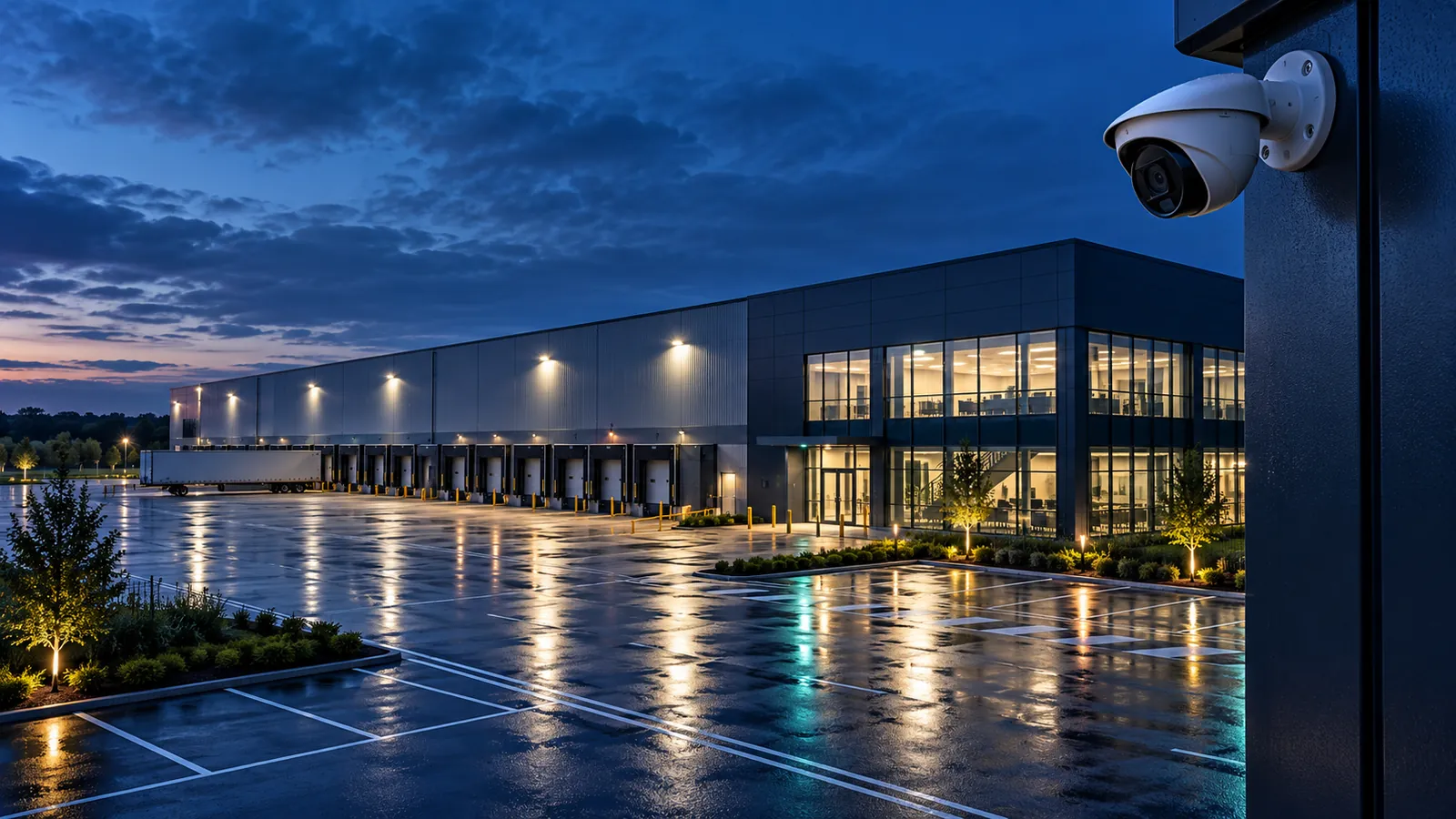 Commercial warehouse and loading yard at dusk with a mounted CCTV camera
